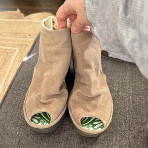 Fly London Suede Peep-Toe Ankle Boots in Taupe